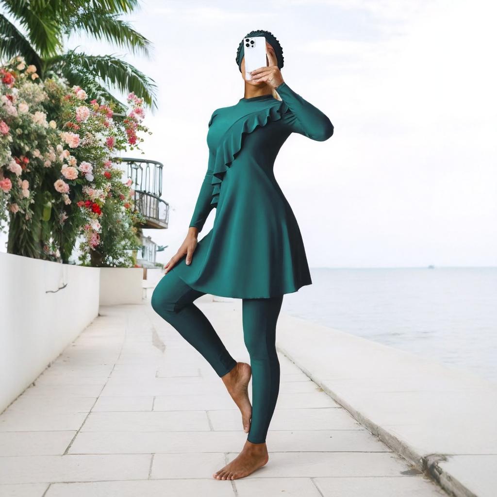 Muslim Women’s Modest Swimwear Set, Long Sleeve Swim Dress with Pants