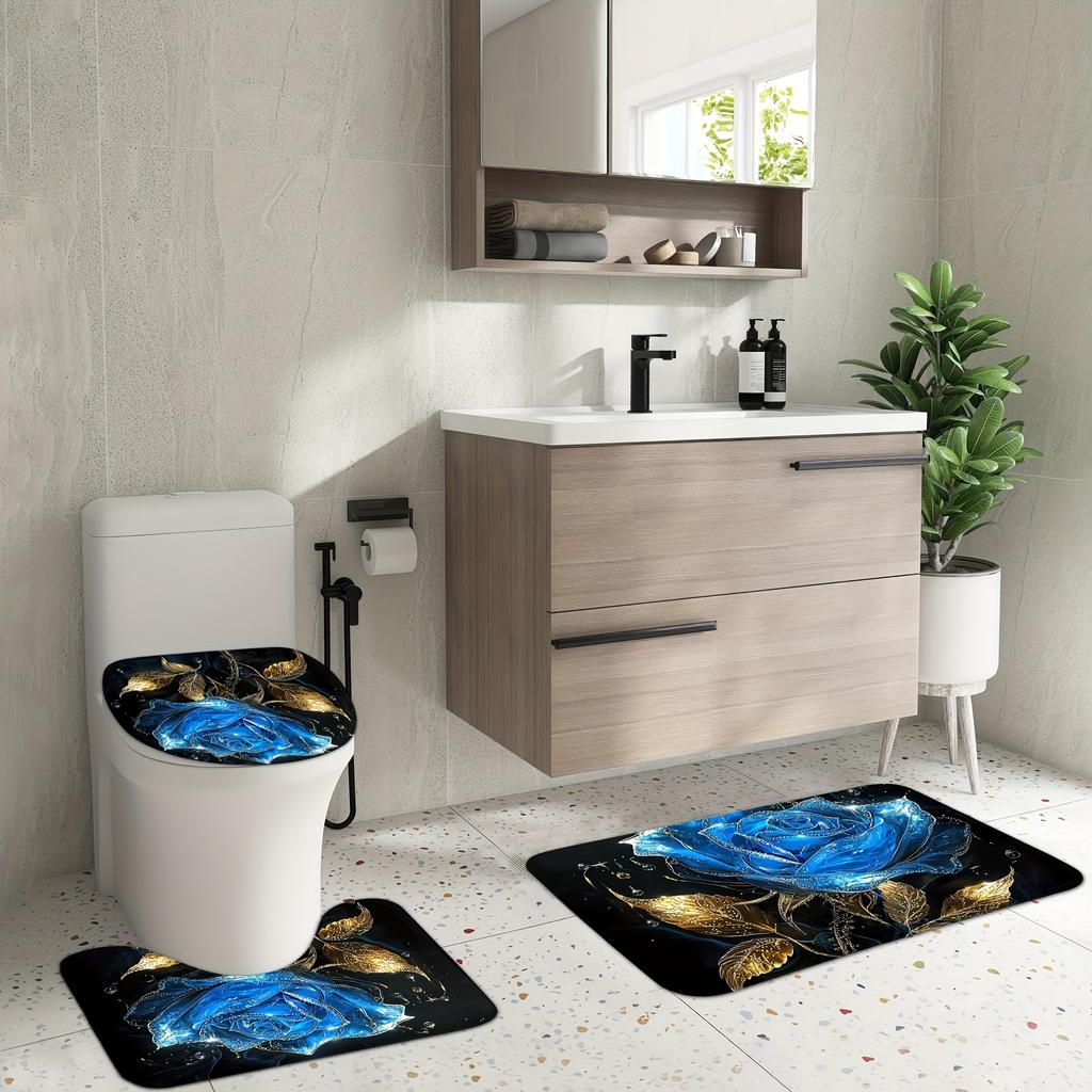 4Pcs Shower Curtain Set with Non-Slip Bath Mat, Toilet Lid Cover, Contour Rug & 12 Hooks, Bathroom Decor