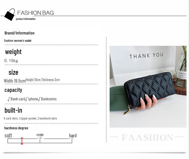 Women's Medium-Length Diamond Pattern Embossed PU Wallet Clutch - Solid Color with Zipper Coin and Phone Slots