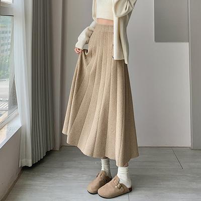 Knitted Skirt Women's Mid-length Autumn and Winter Korean Version High-waisted Pleated Skirt Big Swing A-line Skirt
