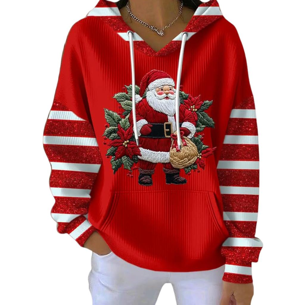 Women's Loose And Comfortable Drawstring V-neck Long Sleeved Christmas Print Hoodie
