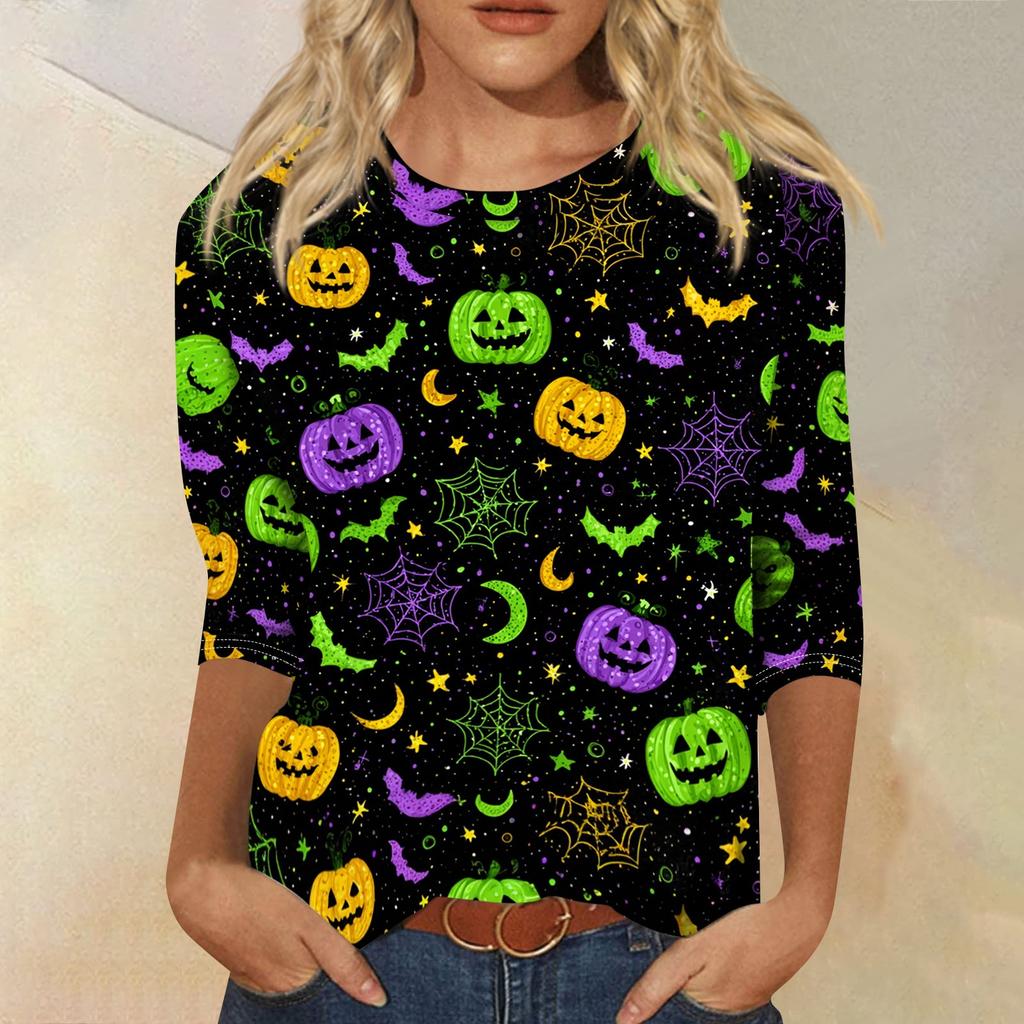 Women's Halloween Print Shirt 3/4 Sleeve Round Neck Loose Fit Casual Blouse Top Comfortable Everyday Wear