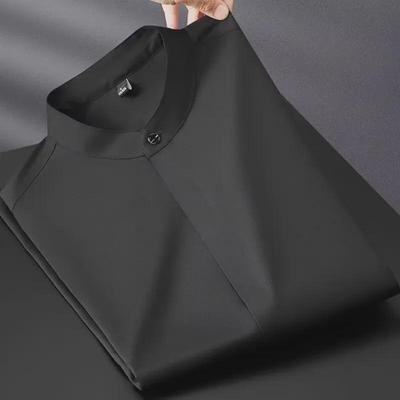 Camicia da uomo in seta, senza stiratura, a maniche lunghe, con collo alto – vestibilità slim, tinta unita, abbigliamento casual da lavoro