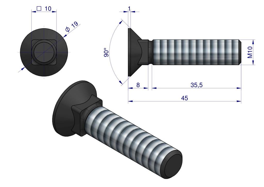 Śruba Kpl. Płużna Podsadzana D 608 M10X45 Mm Kl.10.9 Waryński ( Sprzedawane Po 25 )
