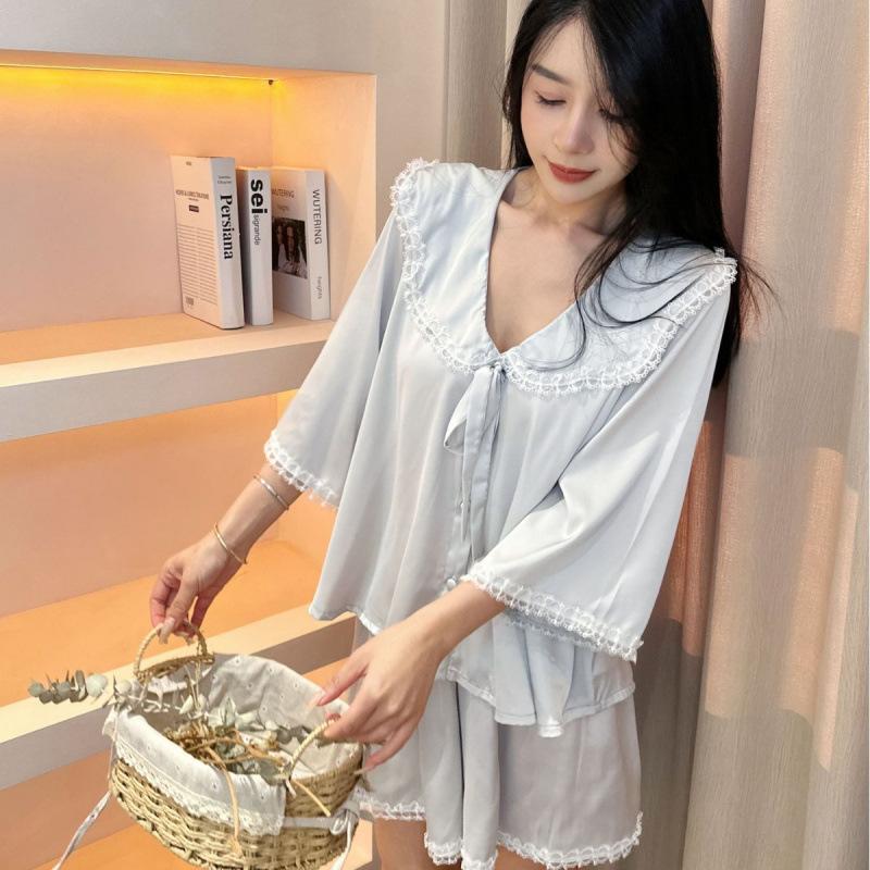 [Girl Yu Nian] Court style sweet French pure desire wind summer ice silk lace pajamas loungewear