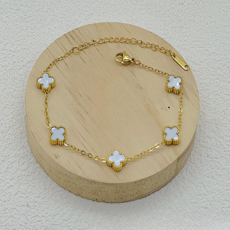 9Mm Double-Sided Shell Lucky Five Flowers Four-Leaf Clover Bracelet Light Luxury Ins Style Does Not Lose Colour Hand Titanium Steel Bracelet