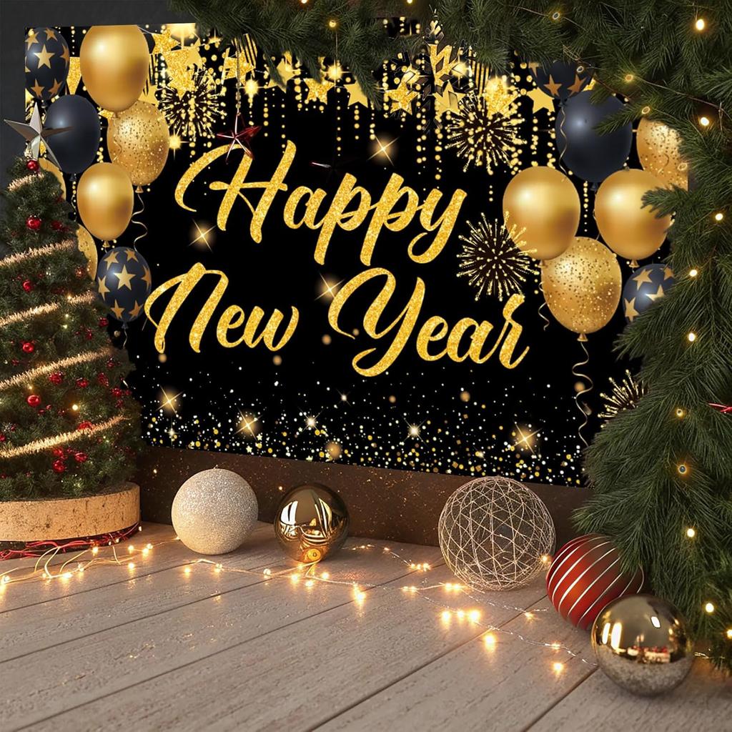 Large New Years Eve Banner, Black Gold Happy New Year 2026 Banner Backdrop, NYE Birthday Party Decorations Photo Background for Friend, Family,
