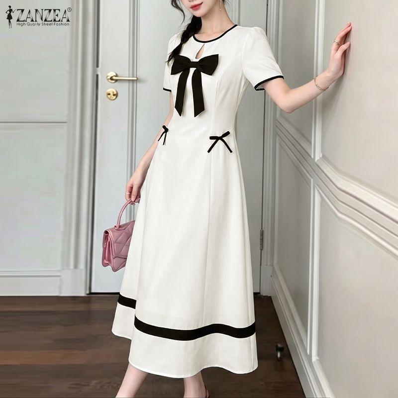 ZANZEA Damen Elegantes Lässiges Rundhals Sommerkleid mit Kurzen Ärmeln
