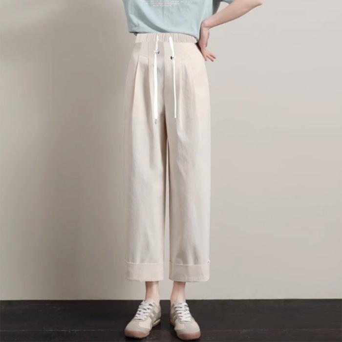 Summer 2026 Loose Maternity Cropped Pants: Korean Style Adjustable Drawstring Carrot Harem Pants for Women M бежевый