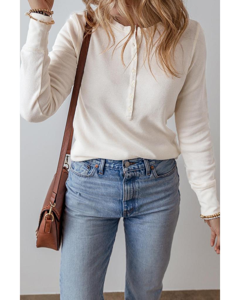 Azura Exchange White Solid Color Waffle Half Button Long Sleeve Top