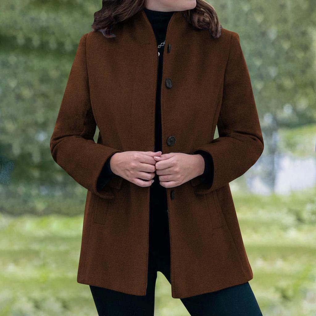 Manteau d'hiver en laine à manches longues pour femme, coupe décontractée, coupe ajustée, revers, fausse poche, cardigan à boutons