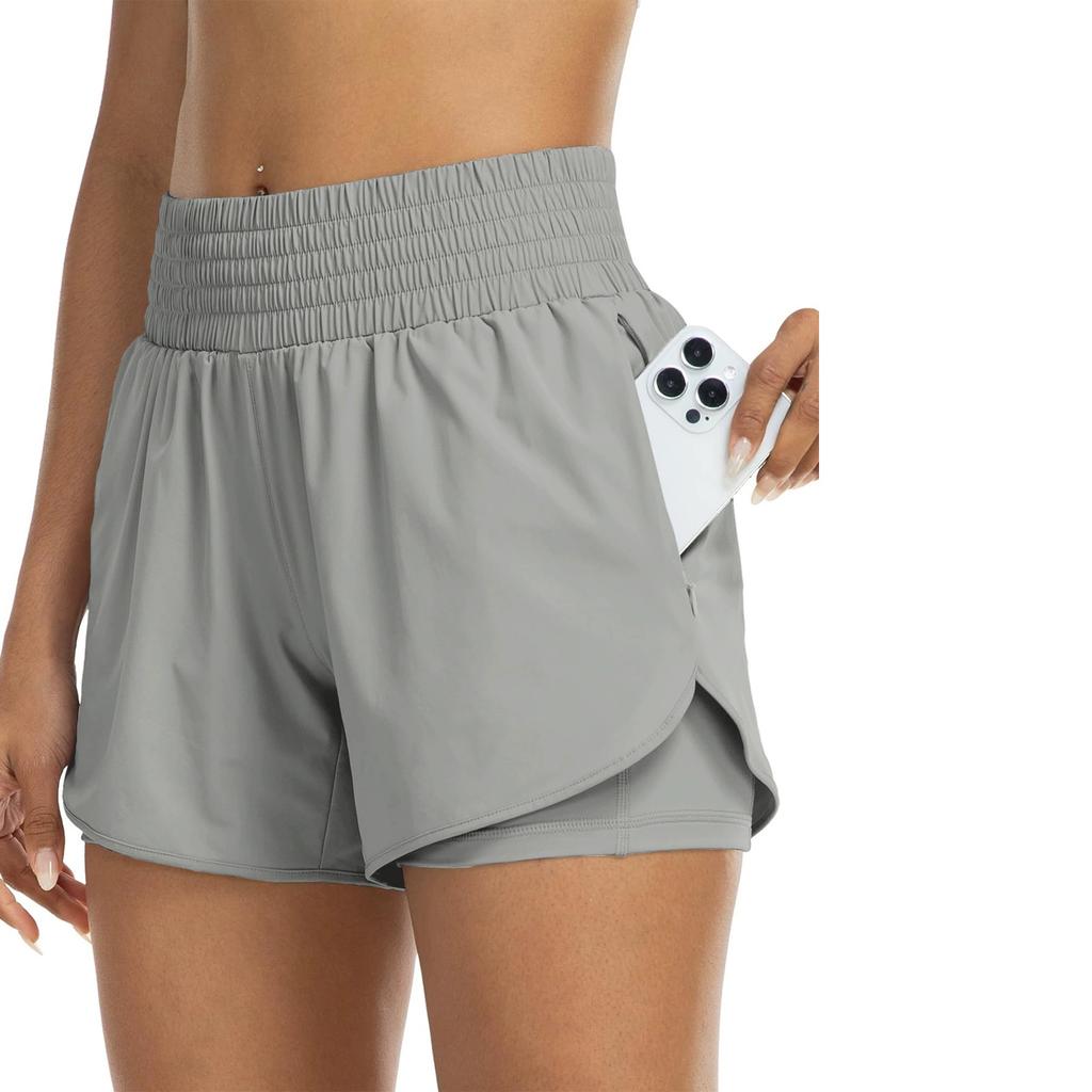 Women's High-Waisted 2-in-1 Quick-Dry Shorts with Zipper Pocket Elastic Waist for Workout Running Gym Yoga Fitness Sportswear