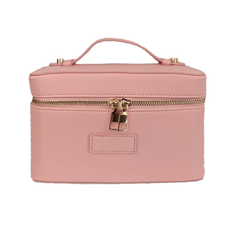 Tragbare Kosmetiktasche aus Cross-Grain-Leder mit goldener Hardware - Reise-Organizer für Make-up und Hautpflege