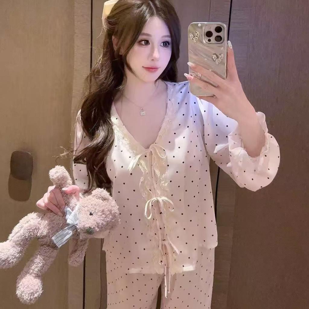 1011 new spring and autumn ice silk pajamas women's long-sleeved trousers thin sweet wind cardigan polka dot loungewear set