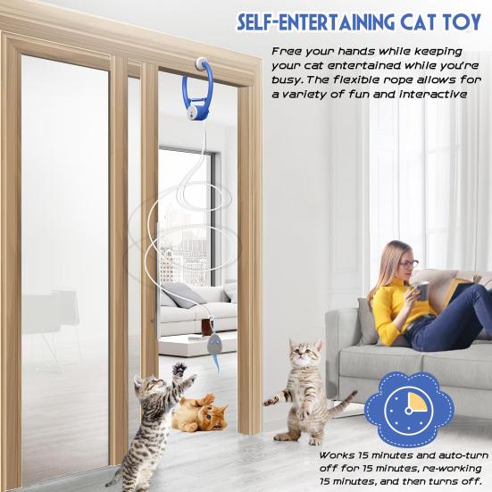 Interaktives Katzenspielzeug Wiederaufladbar Hängend Automatisch Kätzchenspielzeug mit 2 Plüschmäusen Indoor Feder Teaser Selbstbeschäftigung Schnurspielzeug