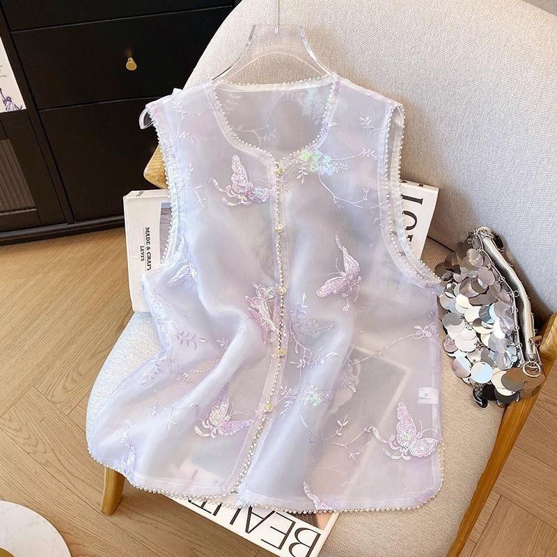 

Высококачественный вышитый жилет с круглым вырезом женский новый ретро высококлассный темпераментный топ M (under 50kg recommended) фиолетовый