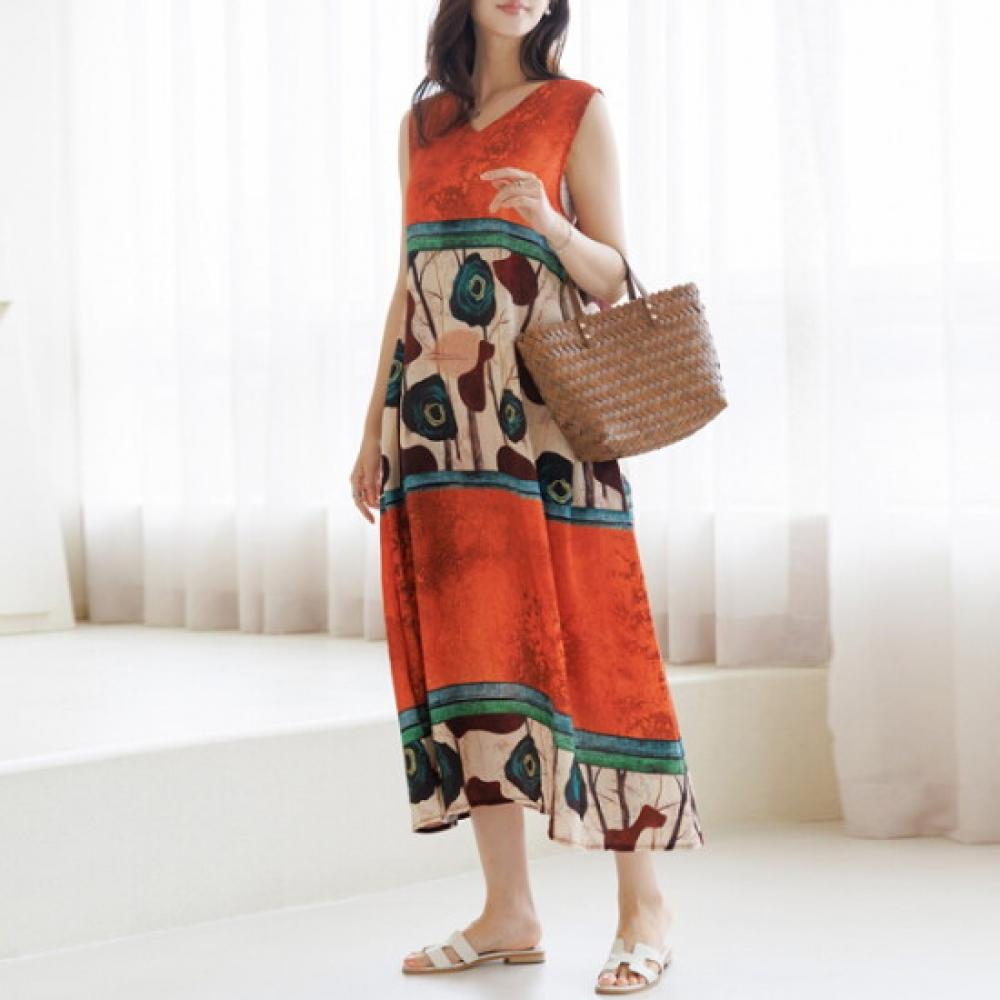 Dedra V Neck Pattern Rayon Long Dress Ope3074