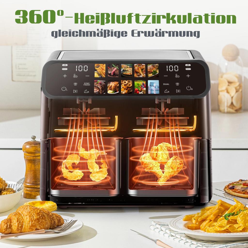9L Air Fryer with Double Chamber, Fryer with LED Display, Adjustable Time and Temperature 80-200℃
