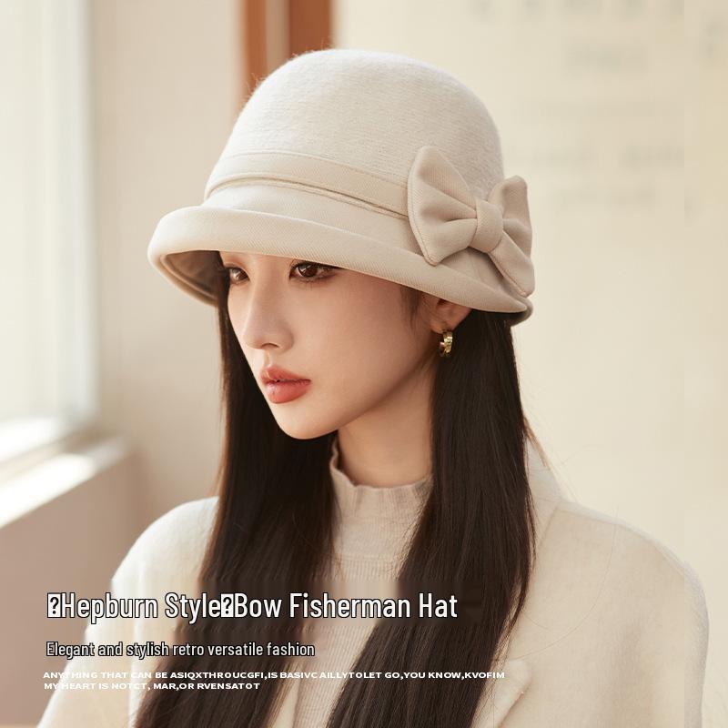 Pălărie de pescar din pâslă de lână pentru femei: Toamnă/Iarnă Stil Retro Francez Hepburn cu Fundă