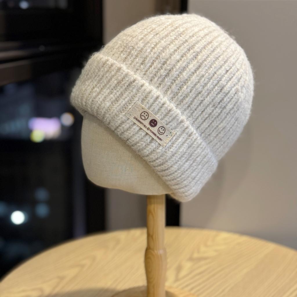 Korean Version Ins Smiling Face Wool Hat for Women Autumn and Winter New Thickened Warm Baotou Hat Showing Face Small Ear Protection Knitted Hat