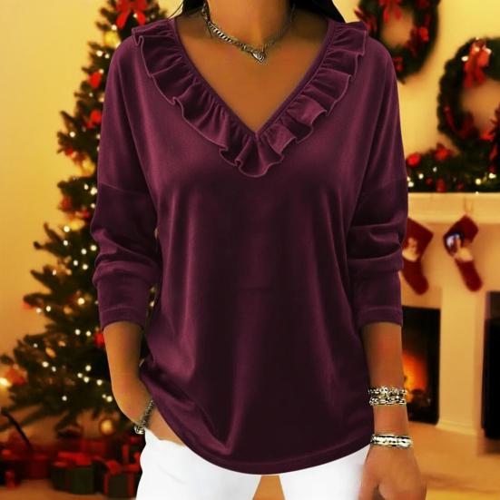 Women Tops V Neck Long Sleeve Ruffle Neckline Pullover Tops Solid Color Loose Fit Velvet Blouse Work Party Date Wear