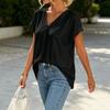 Women's Summer Short Sleeve Top V Neck Back Pleated Detail Lightweight Blouse Casual Loose Fit Shirt for Daily Wear
