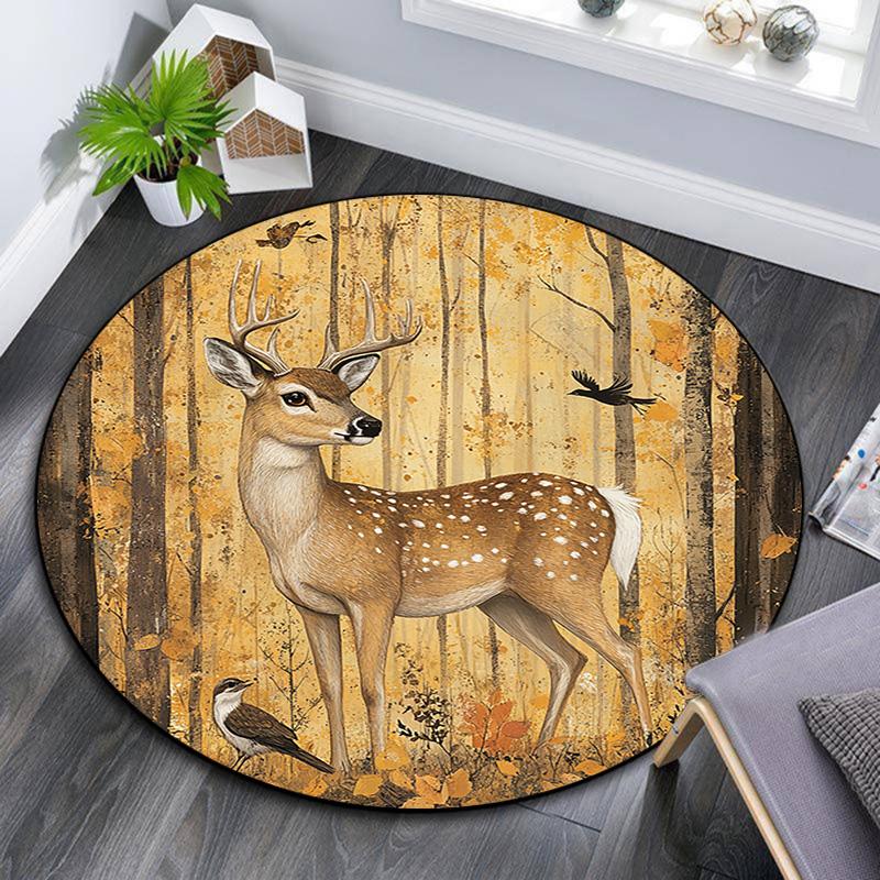 Forest Deer Round Area Rug,Carpet Rug for Living Room Bedroom Sofa Playroom Decor,Non-slip Floor Mat