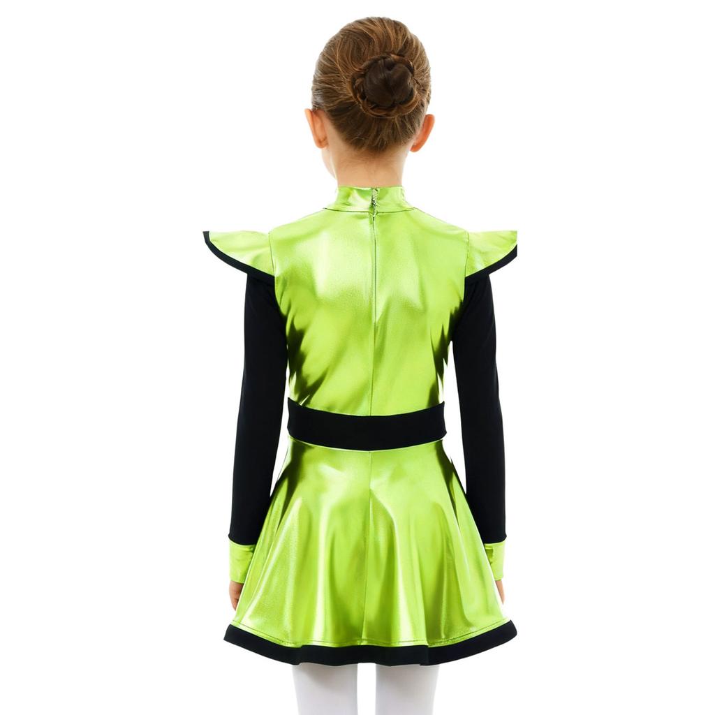 Robe Costumes d'Aliens pour Filles Patchwork Brillant Métallique Col Montant Manches Longues Fermeture Éclair Invisible Short Intégré