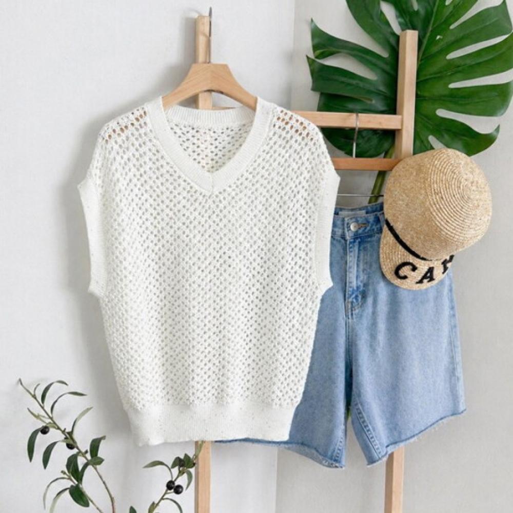 Shop Women V Neck Mesh Knit Vest iVory Dgb wVs 5234