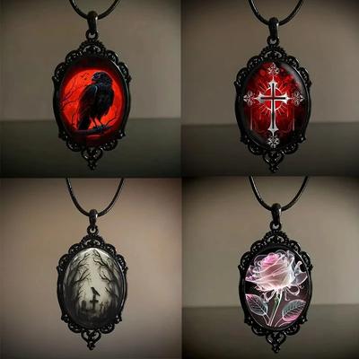 Gothic Vampire Owl Cameo Necklace Women Men Fashion Pagan Witch Jewelry Accessories Gift Blood Owl Glass Charm Rope Chain Choker