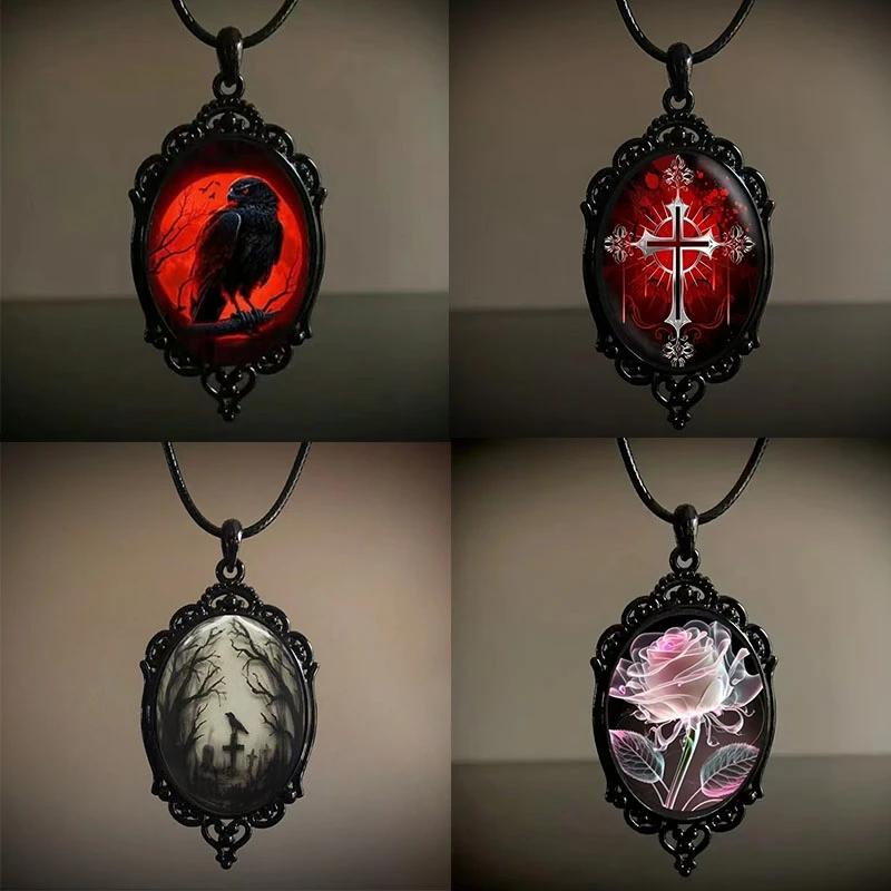Gothic Vampireule Cameo Halskette Frauen Männer Mode Pagan Hexe Schmuck Zubehör Geschenk Blut Eule Glas Charme Seil Kette Halsband