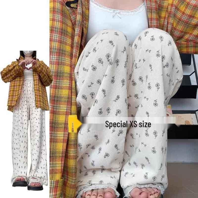 2025 Petite High-Waisted Floral Straight-Leg Summer Pants for Women - Floor-Length, Loose Slimming Fit