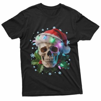 Christmas Skeleton Head Lighting 100% Cotton T-shirt Mens Tees Top