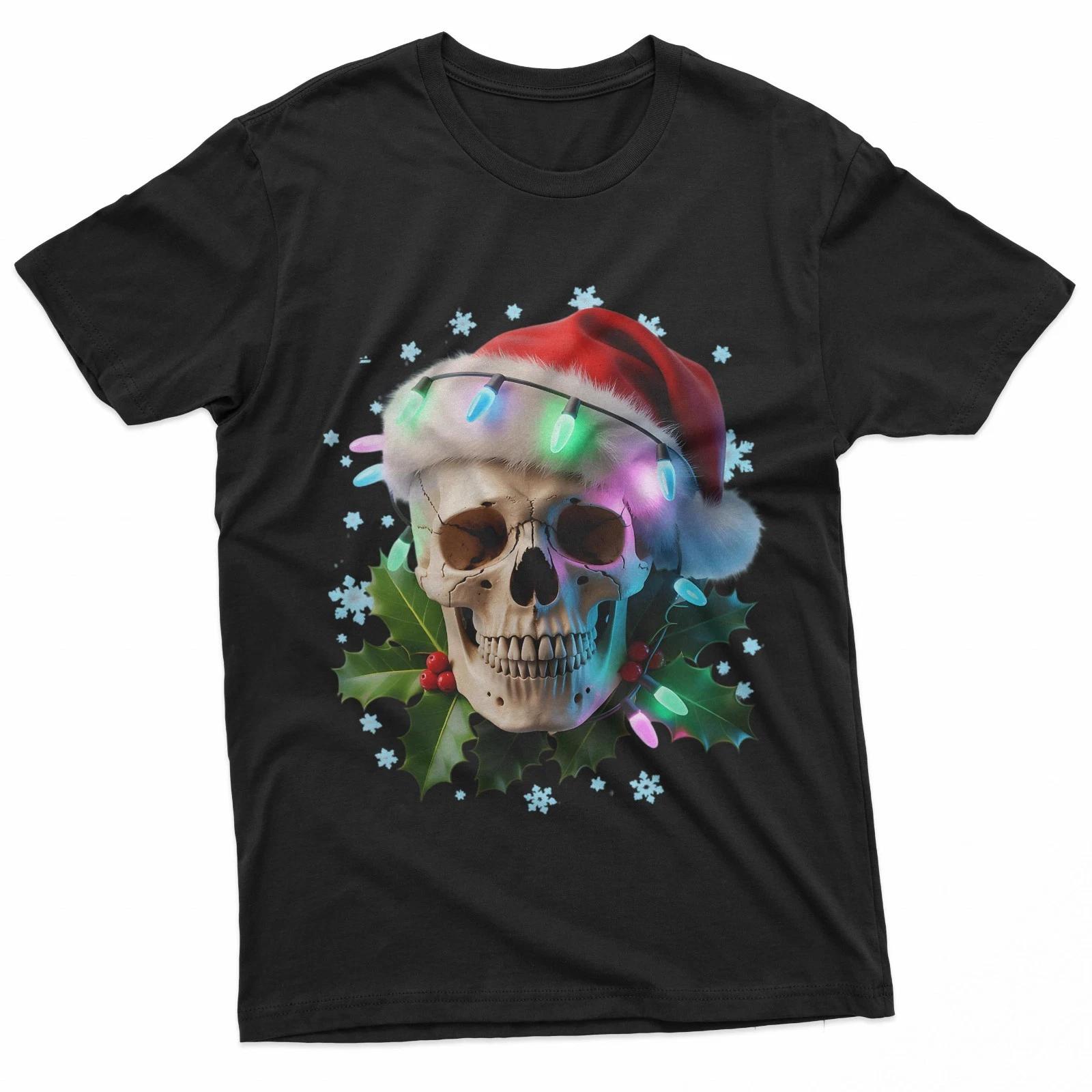 Christmas Skeleton Head Lighting 100% Cotton T-shirt Mens Tees Top S