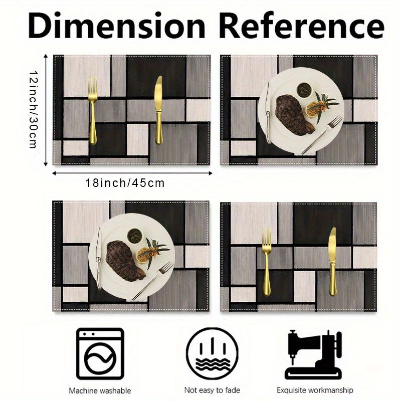 Of 4, Black And Grey Geometric Table Mats, 12X18 Inches Linen Rectangular Table Mats, Contemporary Geometric Plaid Design for Holiday Celebrations