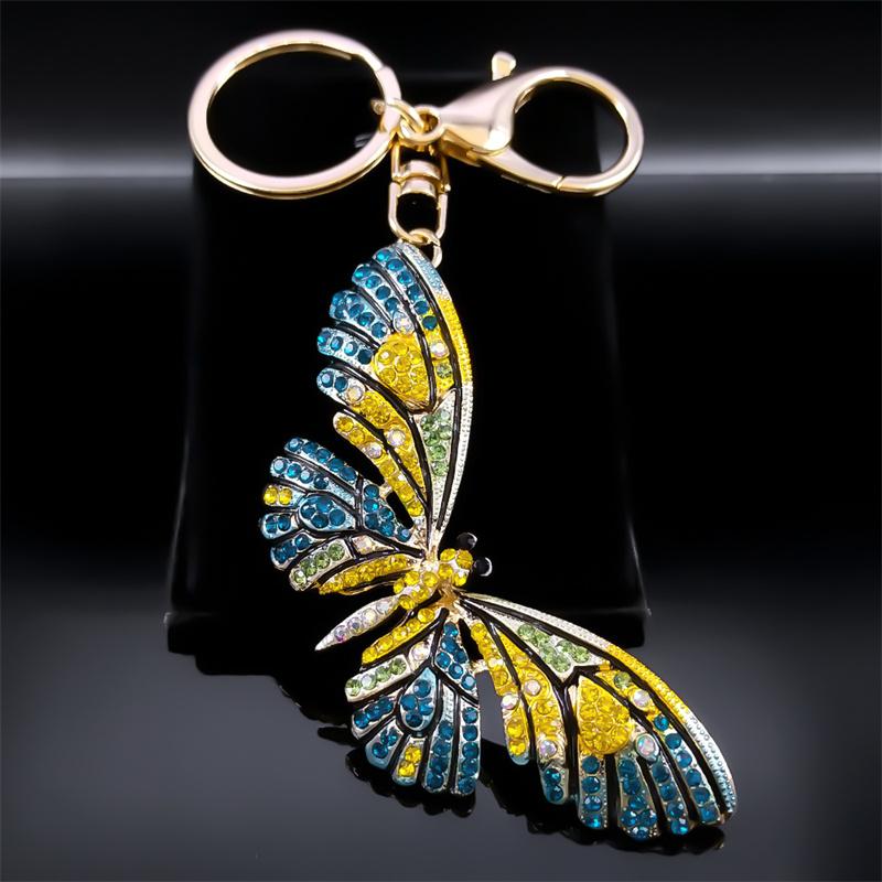 Colorful Rhinestone Butterfly Key Chain Pendant Gold Color Metal Animal Insect Keyring for Women Girl Jewelry Gift Llaveros