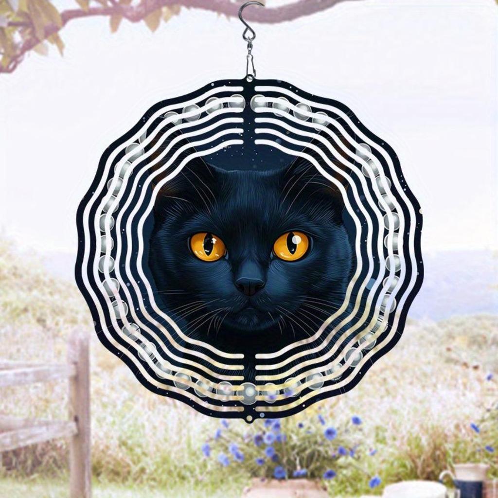 Závěsná větrná zvonkohra Perlová Černá Kočka Vzor Směrovka Větru Gyro Kovová Dekorace pro Venkovní Zahradu Patio Vnitřní Prostor Ideální Dárek pro Festival