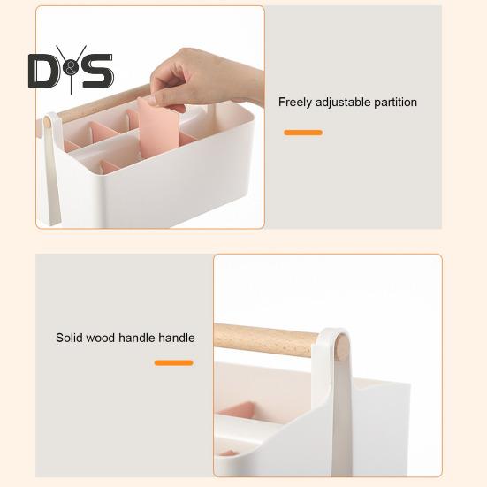 Desktop Plastic Caddy with Wooden Handle Art Supply Organizer Bin with Adjustable Dividers Makeup Basket Storage Tote for Colored Pencils Brushes