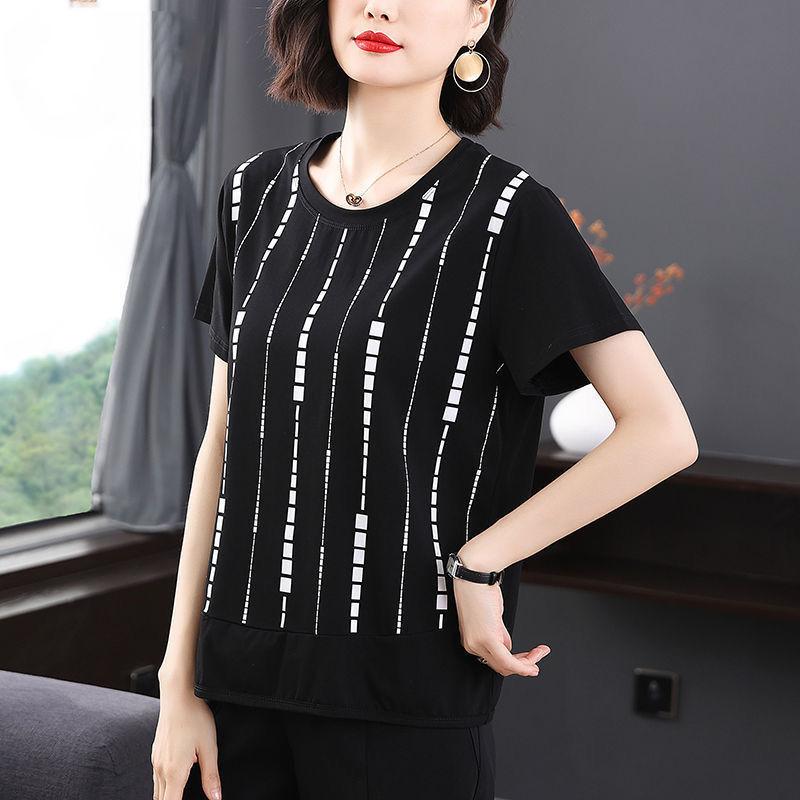 Mother's Large Size Western Style Loose and Thin Blouse Summer Thin Women's Fashion Round Neck Short-sleeved T-shirt