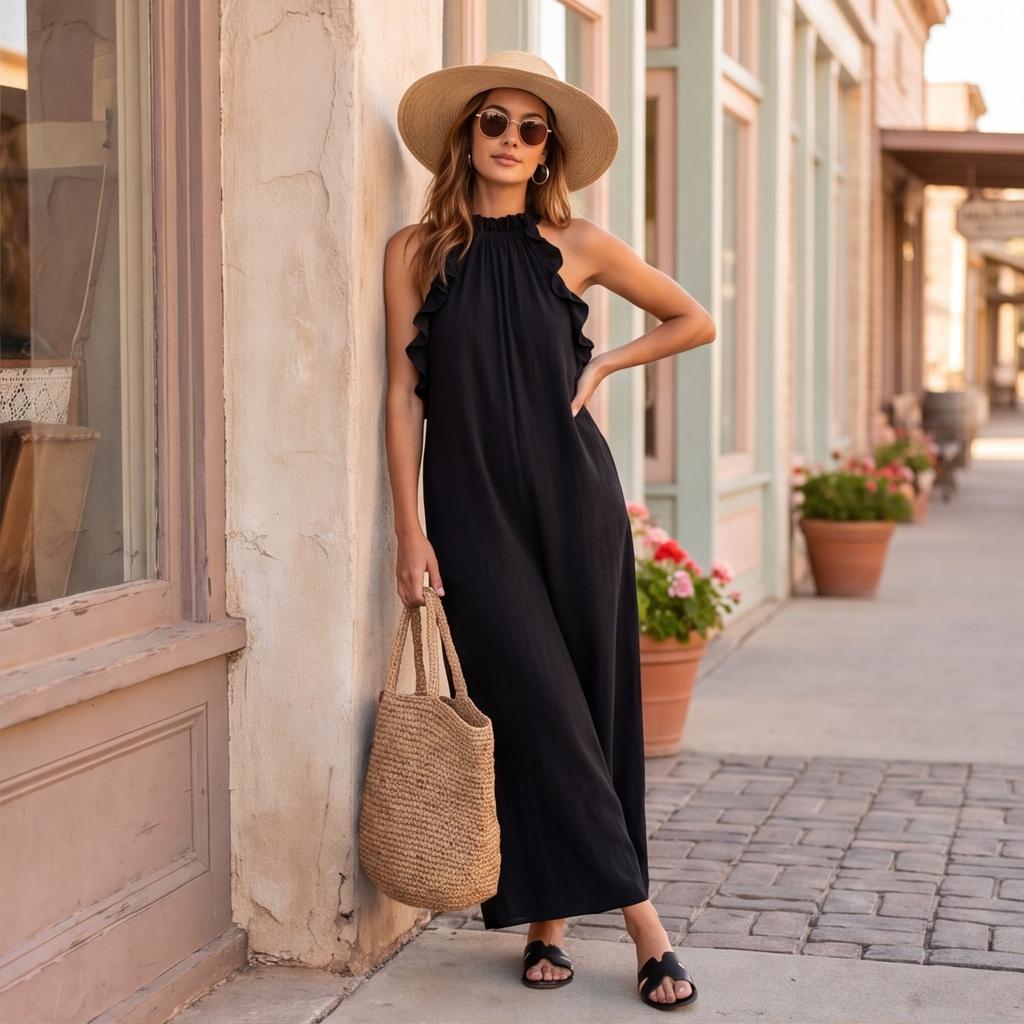 Sleeveless Ruffled Neck Maxi Dress Loose Fit Long Dress Lightweight Flowing Fabric Summer Style for Women