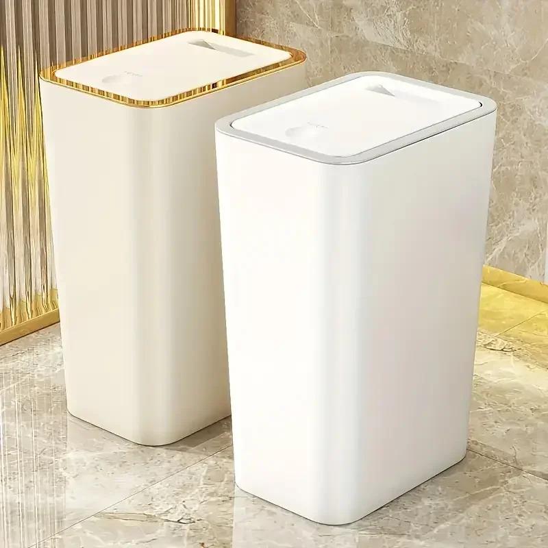 10L Odor Proof Trash Can with One-Touch Modern Design Durable Plastic Bathroom Kitchen Bin Space Saving Narrow Side Waste Bin