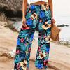 Damen Sommer Strand Weite Hosen Blumenmuster Elastisch Hoher Bund Lockerer Schnitt Lässig Urlaub Palazzo Hosen
