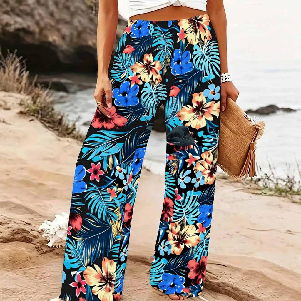 Damen Sommer Strand Weite Hosen Blumenmuster Elastisch Hoher Bund Lockerer Schnitt Lässig Urlaub Palazzo Hosen