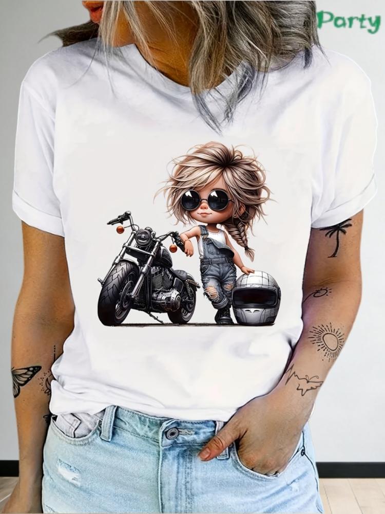 Retro Motorrad Grafik T-Shirt für Damen Elegantes Süßes Design Rosa Frau Kurzarm Print Tee Sommer Rundhals Lässige Tops