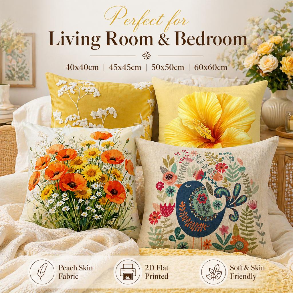 Folk Art Bird Floral Cushion Cover 2D Flat Printed Peach Skin Decorative Pillowcase For Living Room Sofa Home Decor 45X45Cm