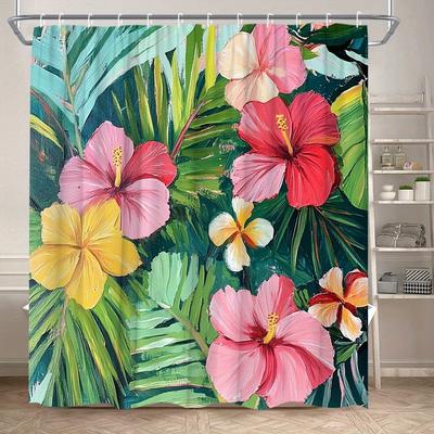 Colored Tropical Hibiscus Flowers Shower Curtain Washable Dirt-Resistant Shower Head Waterproof Polyester Bath Curtain