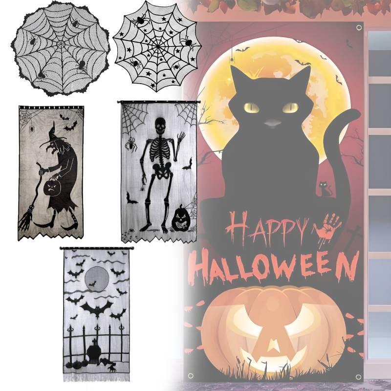 Stylish Black Lace Halloween Table Flag Featuring Creepy Bat And Spider Web Patterns