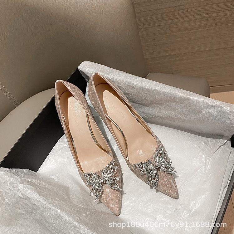 [Spot] Silver Bow High Heels Women's 2025 New Pointed Stiletto Crystal Wedding Shoes Xiuhe Wedding Dress