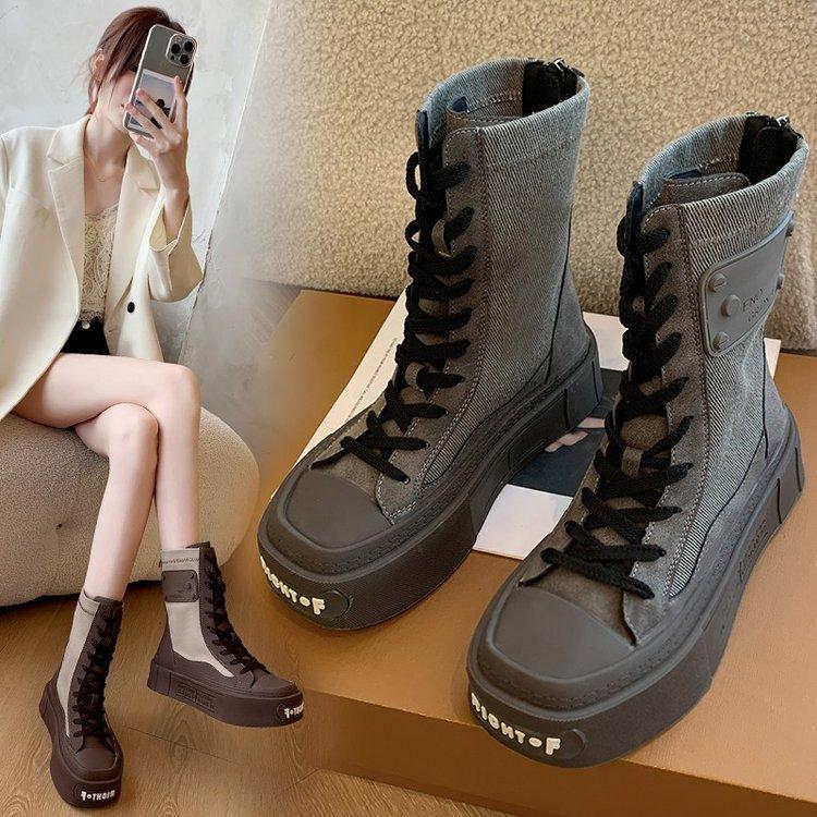 

British Wind Army Green Martin Boots Women s Autumn and Winter New Versatile Niche Design Medium Tube Platform Shell Head Canvas Boots 35