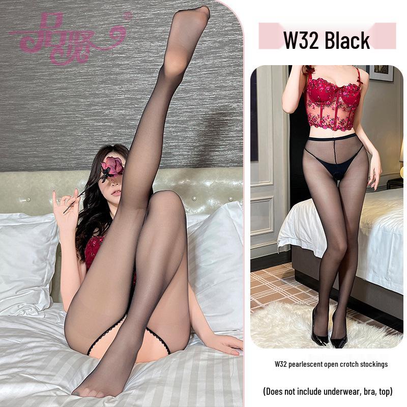 Thin Fairy Open Crotch Shimmery Pantyhose for Women - Summer Invisible Stockings In Black, Grey, Nude with Pearl Detail.